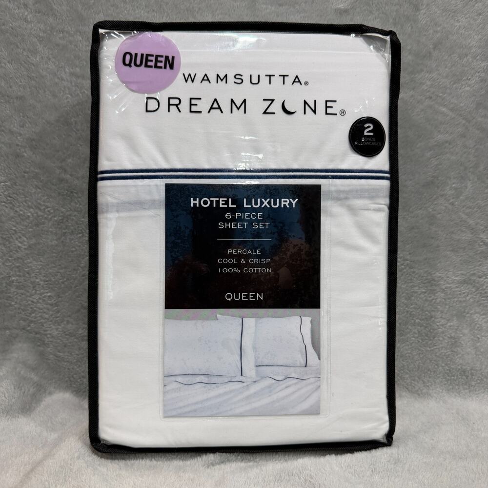 Wamsutta Dream Zone Hotel Luxury QUEEN Sheet Set White Navy Cotton Percale 6 Pc